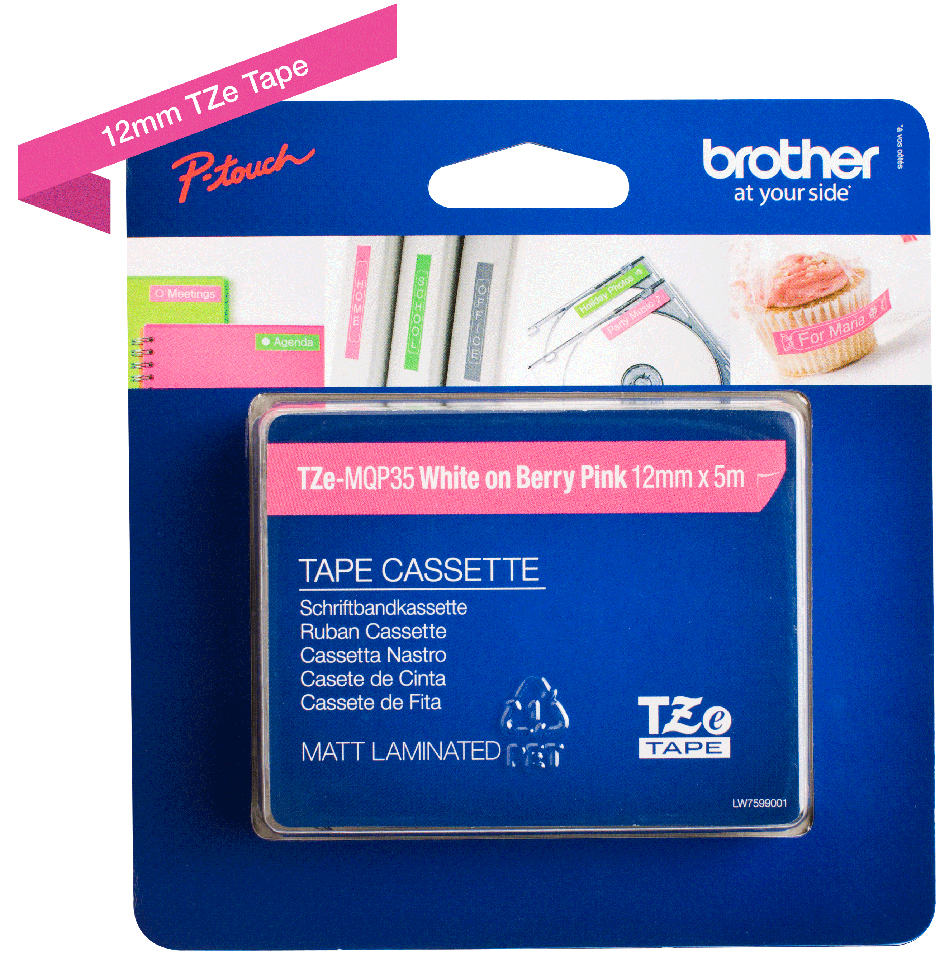 Brother tape/12mm pink on white f p-touc - Afbeelding 2